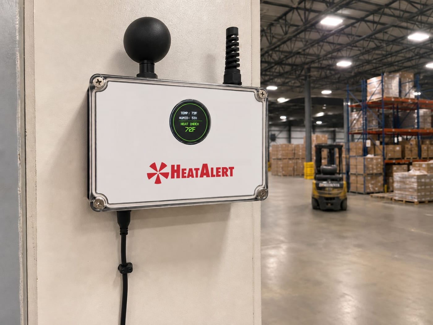 HeatAlert WBGT unit mounted beside a warehouse aisle, with racking and a forklift behind it