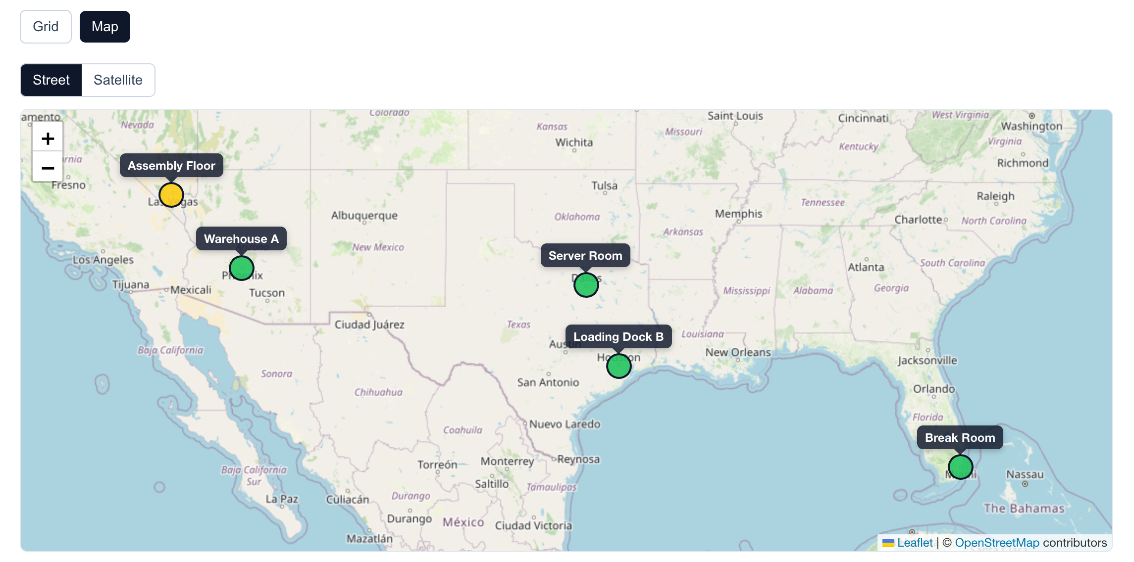 HeatAlert fleet map showing 5 monitored locations across the United States with color-coded status markers